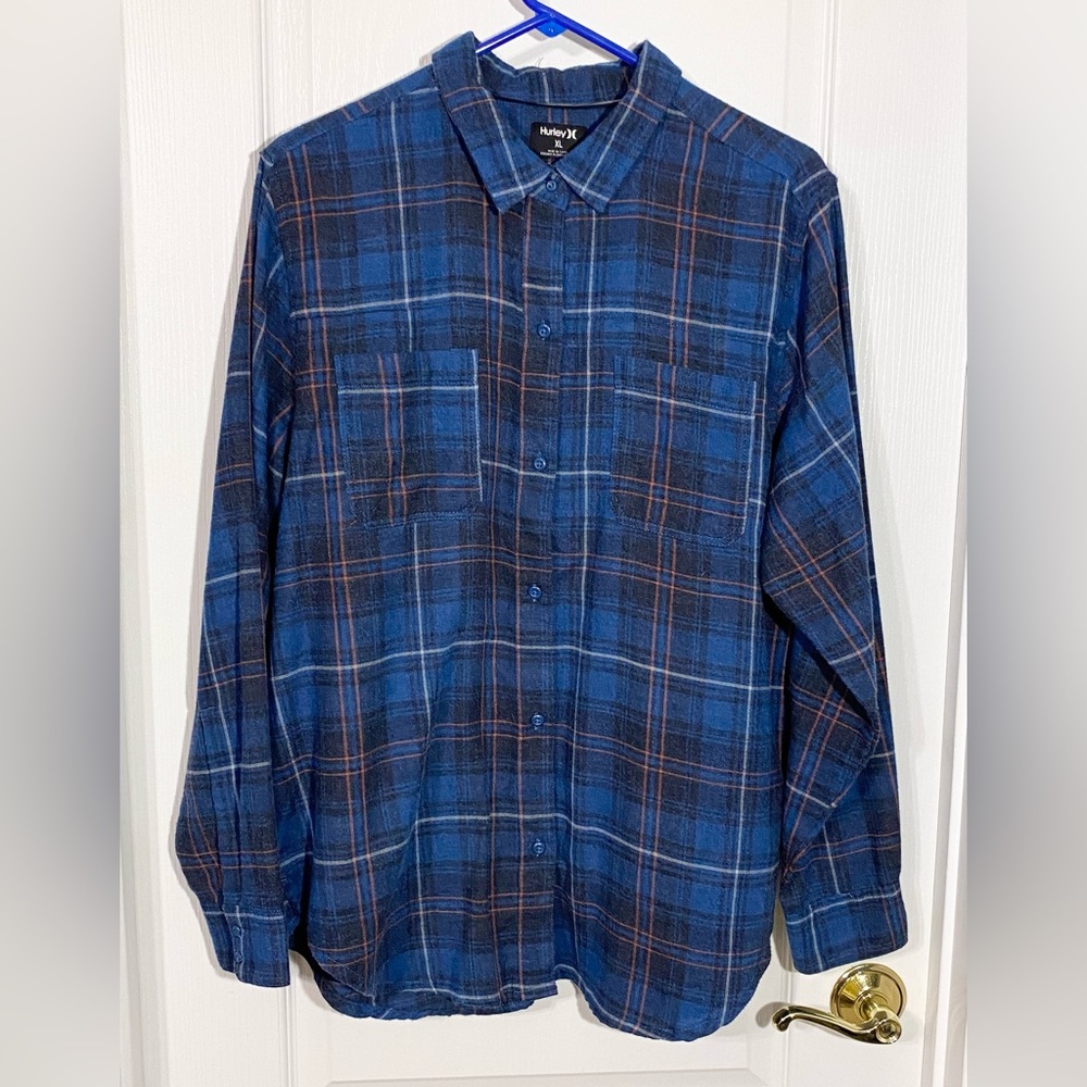 Hurley Plaid Flannel Button Down Shirt Blue XL